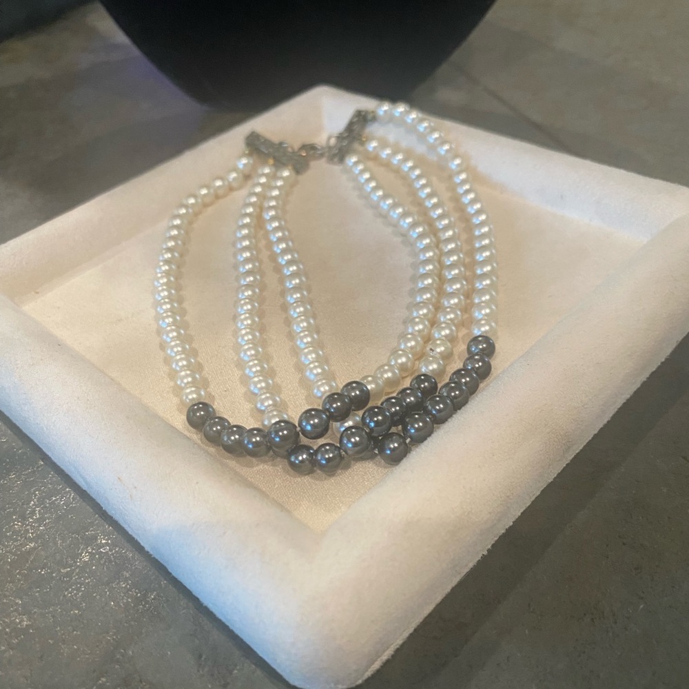 Elegant Pearl and gray beaded Multi-Strand Bracelet 12”
